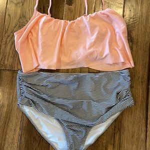 peach and striped bikini set